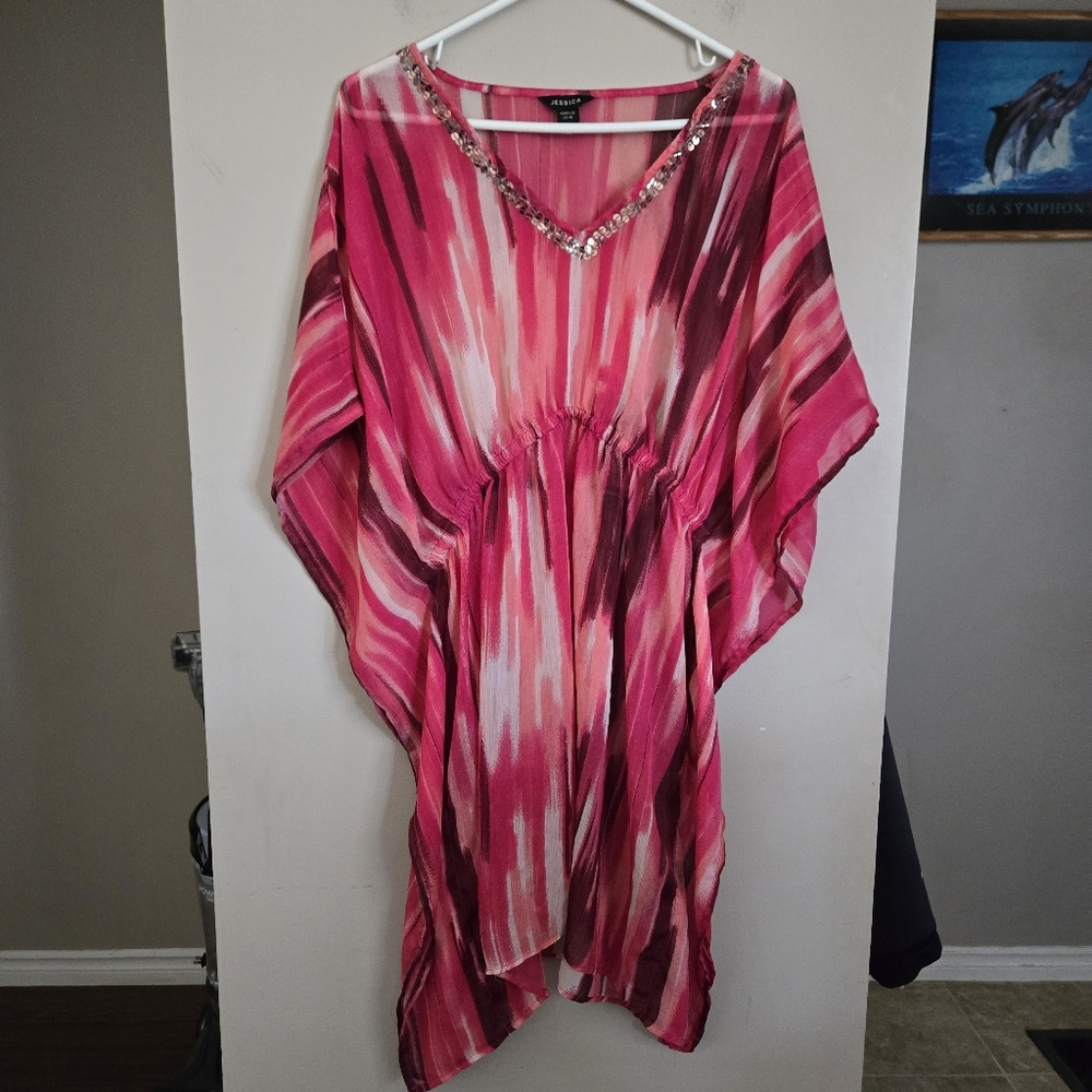 Jessica Cover Up Striped Pink Beach Summer Tropical with Beaded Neckline